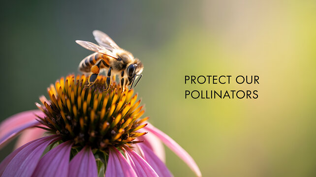 A bee pollinating a purple coneflower with the text 'Protect Our Pollinators' in the background