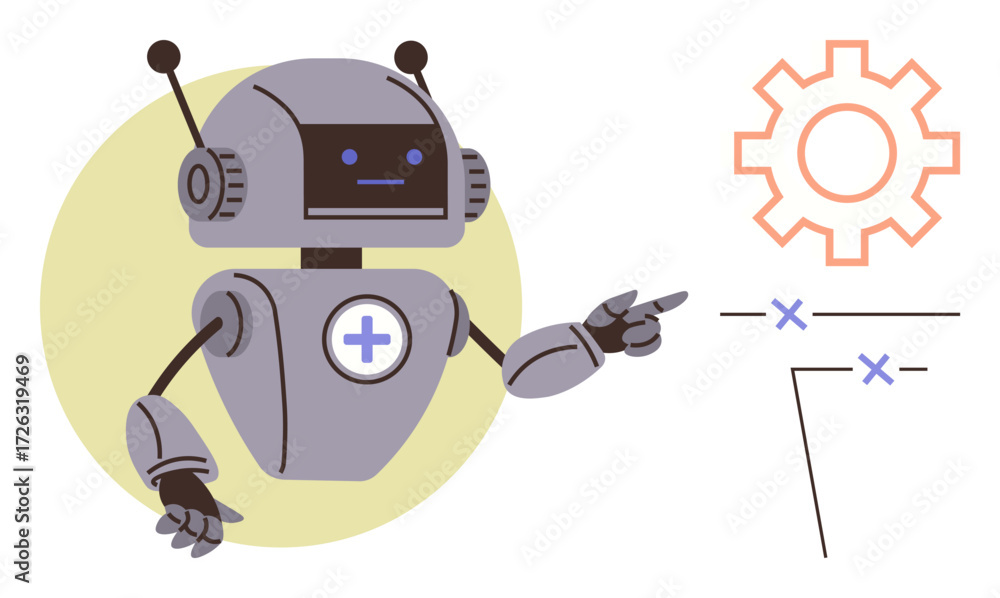 Poster robot in futuristic design interacting with a gear icon and lines, symbolizing automation, ai, innov