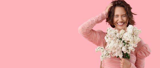 Happy young woman with bouquet of white lilac flowers on pink background with space for text