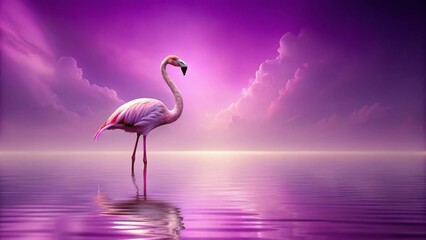 Fototapeta premium Serene Flamingo Silhouette at Sunset Over Calm Water, Pink Hues Reflecting in the Stillness