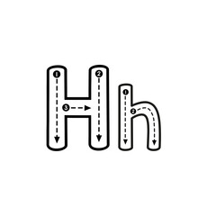 Educational guide for writing the uppercase and lowercase letter H, showing numbered stroke directions with arrows for handwriting practice