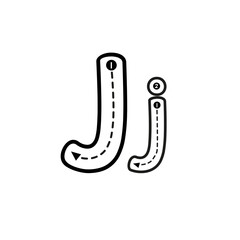 Tracing guide for the letter J in both uppercase and lowercase, showing stroke order with numbers and arrows for learning