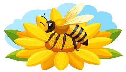A cartoon bee pollinating a bright yellow flower