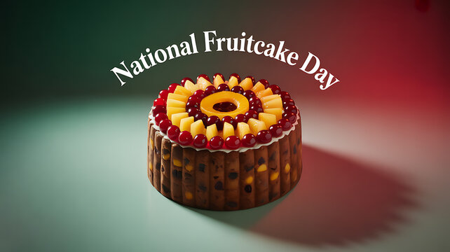 A decorated fruitcake with colorful fruits on top, celebrating National Fruitcake Day