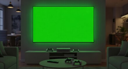 Contemporary living room with a green screen television for virtual staging options