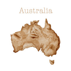 Map of Australia and Tasmania island hand drawn watercolor illustration on white background. Australian continent in sepia color vintage style geographic image