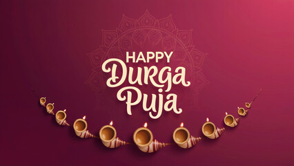 Elegant Happy Durga Puja Celebration with Diya Lamps and Mandala Art