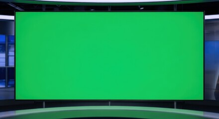 Green screen backdrop in a contemporary broadcast television studio for editing purposes