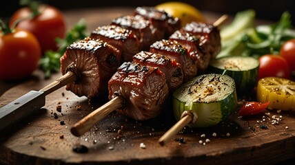 Delicious grilled beef skewers with fresh vegetables on a rustic wooden board close up