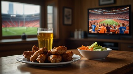 Cozy home evening watching sports on tv with beer and appetizers relaxing atmosphere