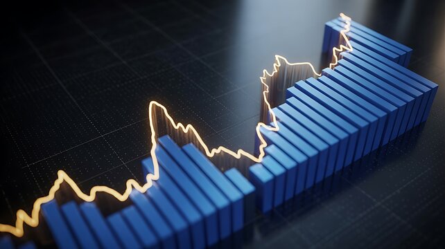 Blue bar graph with glowing orange line chart data