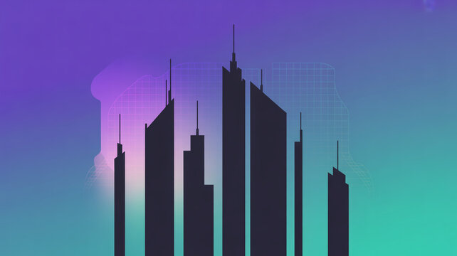 Stylized city skyline silhouette against a vibrant gradient background, representing urban landscape and modern architecture in a digital art style