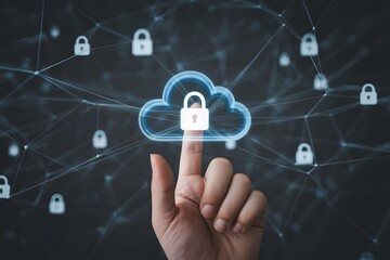 Human finger touching a glowing digital cloud icon with a padlock symbolizing secure cloud computing and data protection in a network of interconnected security locks