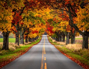 Autumnal country road lined with vibrant trees