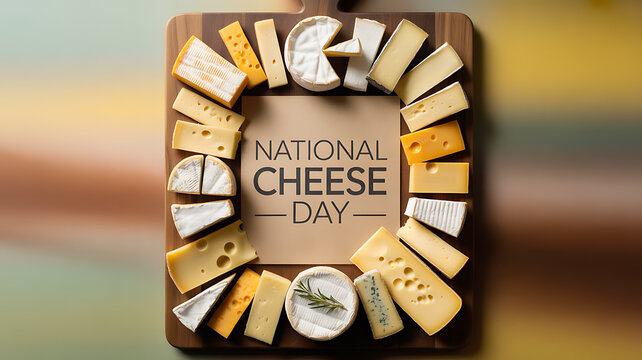 Assorted cheeses arranged in a circular pattern on a wooden board with 'National Cheese Day' text in the center