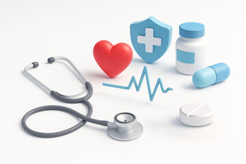 Minimalist 3D Healthcare Concept with Stethoscope Digital Heartbeat and Medical Industry Icons