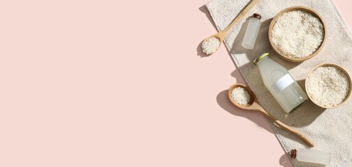 Composition with rice water and grains on pink background with space for text, top view
