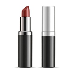 Obraz premium A dark-red lipstick with a black tube and silver top, shown alongside its matching case