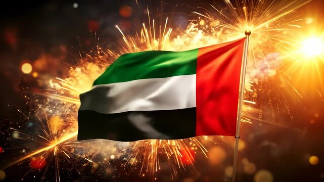 Spectacular United Arab Emirates flag waving amidst a festive fireworks display