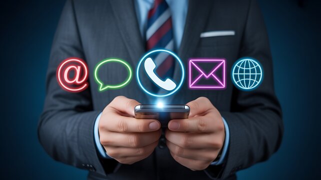 Businessman holding phone with communication icons smartphone