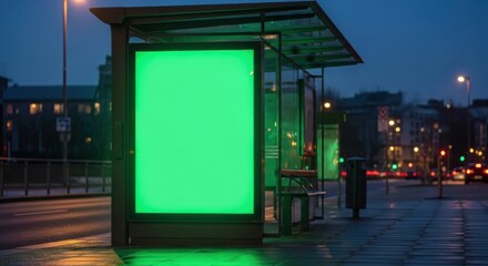 Illuminated urban bus stop advertising display with vibrant green screen ready for your design
