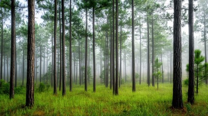 Fototapeta premium Morning mist enveloping tall pine trees in a quiet forest landscape for calming visuals