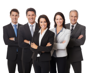 Successful business people and team standing in a group at the office displaying confident, professional teamwork