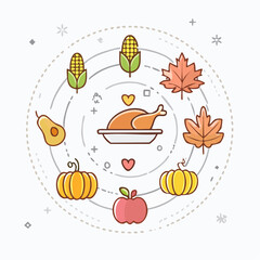 Simple Turkey and Pie Outline Icons Vector