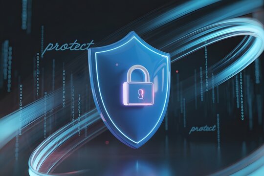 Digital shield with glowing padlock symbolizing cybersecurity and data protection against a backdrop of abstract futuristic technology and binary code streams