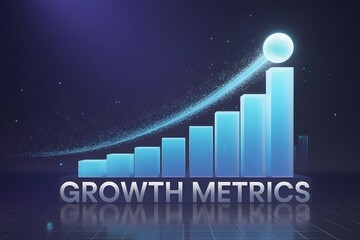 Visual representation of upward financial growth and increasing business success with a glowing light trail ascending a blue bar graph displaying growth metrics