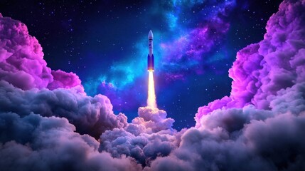Night launch of a multi-colored rocket, swirling clouds lit with vibrant hues under a canopy of stars.