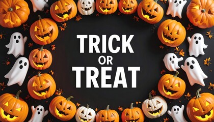 Halloween themed flat lay with jack-o'-lanterns and ghosts, framing the words "Trick or Treat" on a black background.  Ornamental fall leaves and glowing jack-o'-lanterns create a festive border