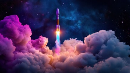 Night launch of a multi-colored rocket, swirling clouds lit with vibrant hues under a canopy of stars.