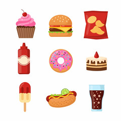 Assorted Unhealthy Foods Cupcake Burger Chips Ketchup Donut Cake Popsicle Hotdog and Soda.