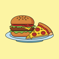 Cartoon Burger and Pepperoni Pizza Slice on a Light Blue Plate.