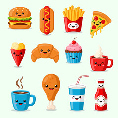 Cartoon Fast Food and Desserts with Smiling Faces Burger Fries Pizza and More.