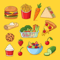 Cartoon food assortment burger fries sandwich pizza fruits vegetables and sweets.