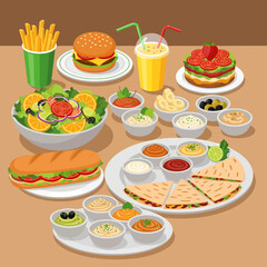 Diverse Food Platter with Burger Salad Quesadillas and Assorted Dips.