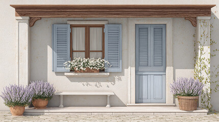 Charming Italian-Style House Facade with Classic Shutters and Flowers