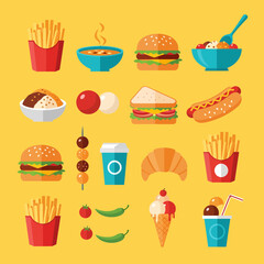 Flat Vector Illustration of Diverse Food Items Burgers Fries Soup and Desserts.