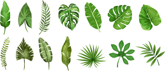 Flat green leaf nature elements vector bundle set. Ideal for eco-friendly projects, botanical illustrations, organic product packaging, invitations, posters, and decorative designs.