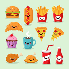 Kawaii Fast Food and Dessert Collection with Smiling Faces.