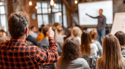Man Pointing and Asking a Question at a Business Workshop.
