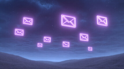 Floating Neon Email Symbols in the Night Sky