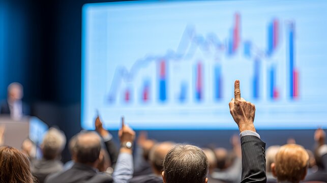 Audience Raising Hands During Business Conference with Chart on Screen.