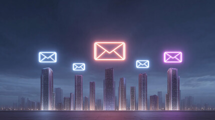 Neon Email Icons Over a Cityscape at Night