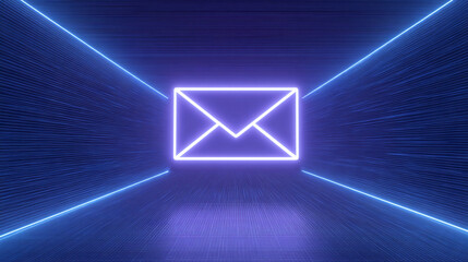 Neon Email Symbol in a Futuristic Tunnel