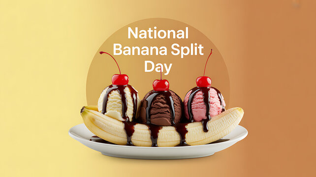 A classic banana split dessert with three scoops of ice cream, chocolate syrup, and cherries on top, served on a plate against a warm gradient background.