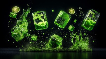 Floating vibrant green drinks and ice cubes with splash against a dark backdrop