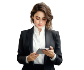 A professional businesswoman in a black suit and white shirt, holding and looking at a tablet computer with a focused expression, isolated on a transparent background